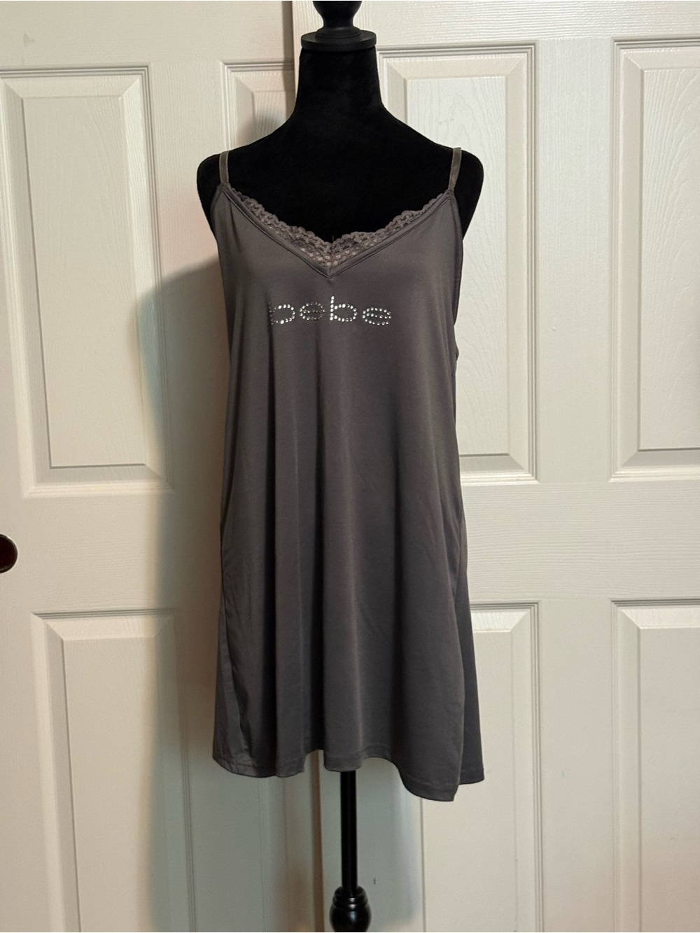 bebe Charcoal Gray Lace-Trim Slip with Rhinestone Logo